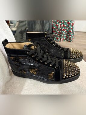 Christian Louboutin Black Sequin High-Top Sneakers with Gold Studs